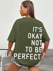 SHEIN EZwear Slogan Graphic Drop Shoulder Tee IT'S OKAY NOT TO BE PERFECT - Army Green - View 3