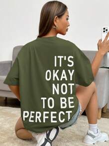 SHEIN EZwear Slogan Graphic Drop Shoulder Tee IT'S OKAY NOT TO BE PERFECT - Army Green - View 6