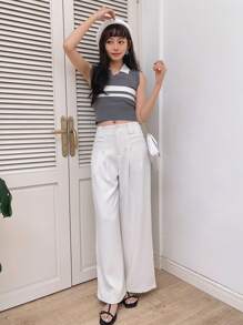 DAZY 條紋圖案撞色針織上衣 - 灰色 - 查看 8