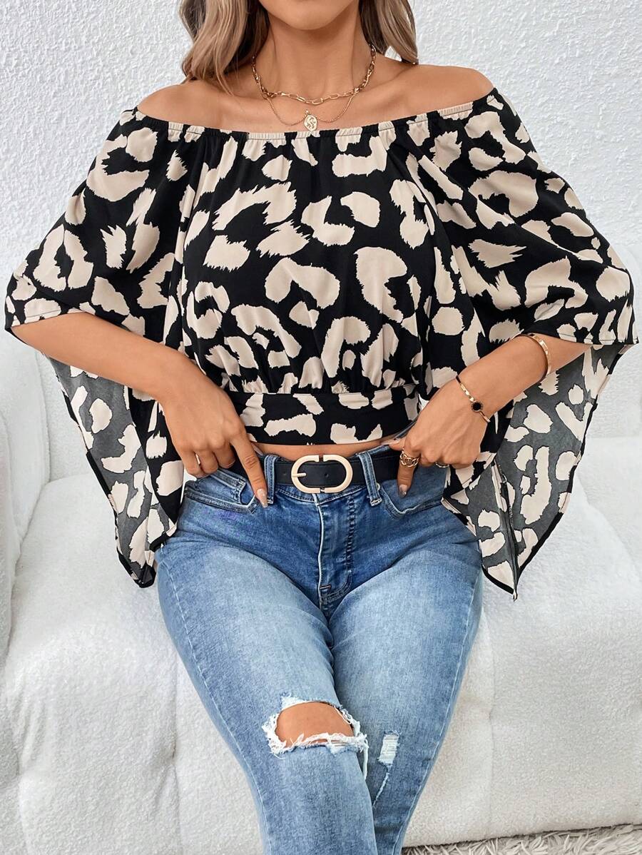 SHEIN Clasi Leopard Print Off Shoulder Batwing Sleeve Blouse - Multicolor - View 1