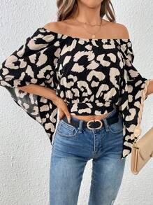 SHEIN Clasi Leopard Print Off Shoulder Batwing Sleeve Blouse - Multicolor - View 5