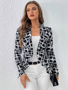 SHEIN Privé 滿版印花青果領開門襟西裝外套 - 黑與白 - 查看 4