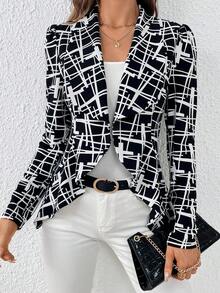 SHEIN Privé 滿版印花青果領開門襟西裝外套 - 黑與白 - 查看 6