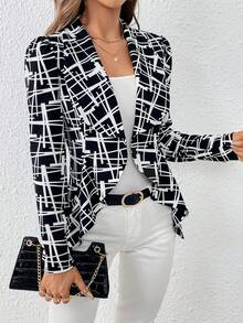 SHEIN Privé 滿版印花青果領開門襟西裝外套 - 黑與白 - 查看 7