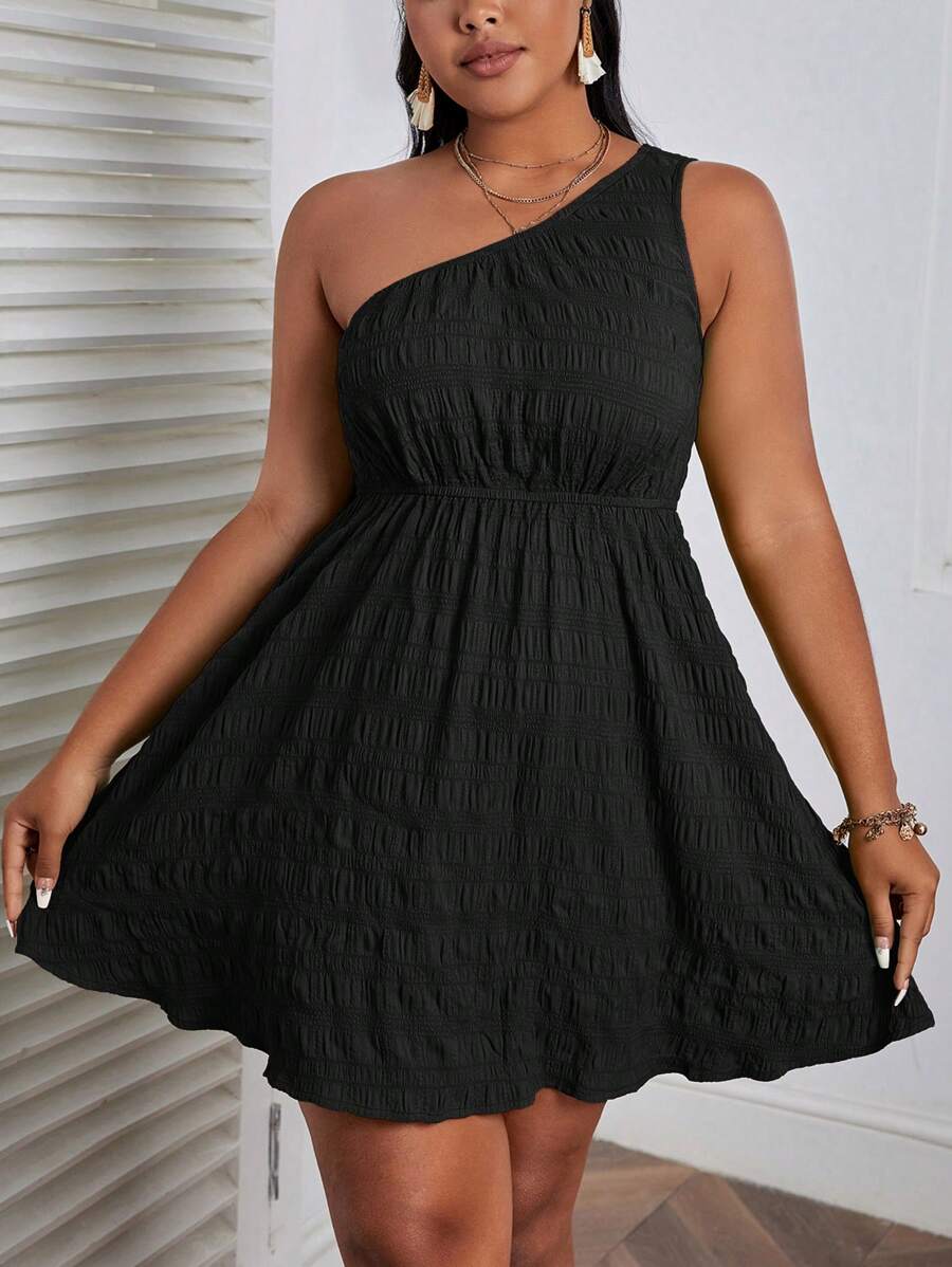 SHEIN VCAY Plus One Shoulder Solid Dress - Black - View 1