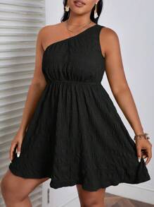 SHEIN VCAY Plus One Shoulder Solid Dress - Black - View 3