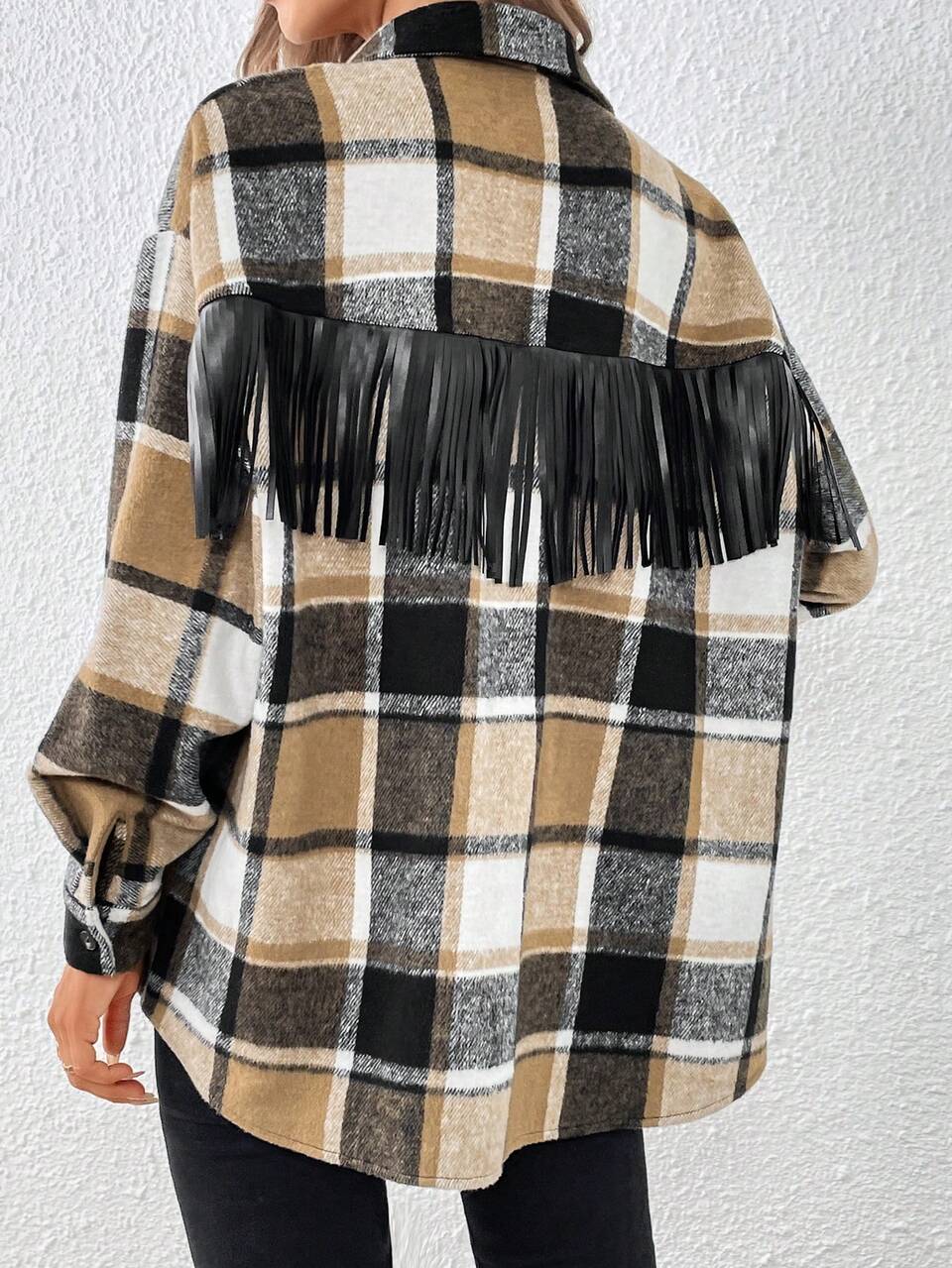 Plaid Print Fringe Trim Drop Shoulder Overcoat