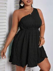 SHEIN VCAY Plus One Shoulder Solid Dress - Black - View 4