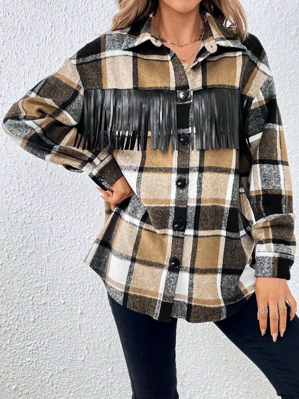 Plaid Print Fringe Trim Drop Shoulder Overcoat