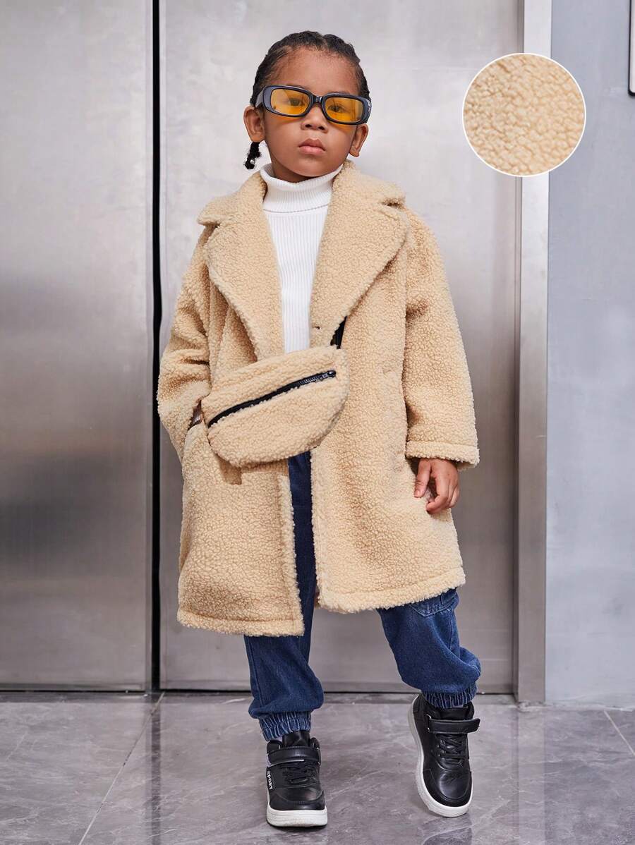 SHEIN Chàng trai trẻ Cổ áo Thả vai Áo khoác Teddy & Cái túi - Màu Khaki - Xem 1