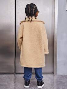 SHEIN Chàng trai trẻ Cổ áo Thả vai Áo khoác Teddy & Cái túi - Màu Khaki - Xem 2