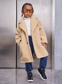 SHEIN Chàng trai trẻ Cổ áo Thả vai Áo khoác Teddy & Cái túi - Màu Khaki - Xem 5