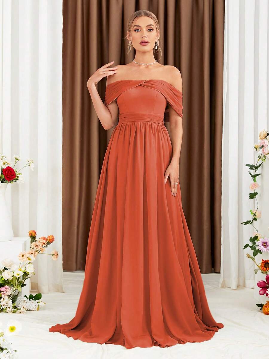 Off Shoulder Ruched Chiffon Bridesmaid Dress - Rust Brown - View 1