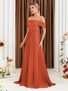 Off Shoulder Ruched Chiffon Bridesmaid Dress - Rust Brown - View 4