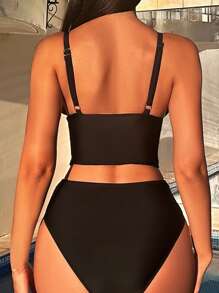 Swim DD+ 纯色褶皱聚拢比基尼套装夏季海滩 - 黑色 - 查看 2