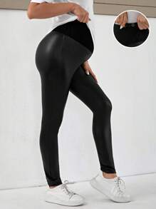 SHEIN 孕婦可調節腰帶PU皮革緊身褲 - 黑色 - 查看 1