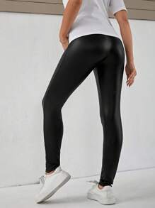 SHEIN 孕婦可調節腰帶PU皮革緊身褲 - 黑色 - 查看 2