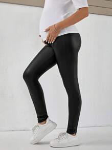 SHEIN 孕婦可調節腰帶PU皮革緊身褲 - 黑色 - 查看 6