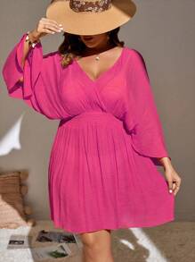 Swim Lushoire Plus Size Solid Batwing Sleeve Cover Up Dress Summer - Hot Pink - View 1