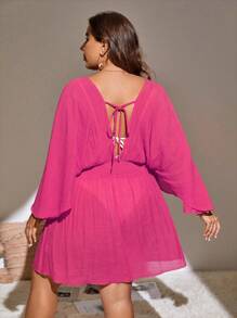 Swim Lushoire Plus Size Solid Batwing Sleeve Cover Up Dress Summer - Hot Pink - View 2