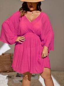Swim Lushoire Plus Size Solid Batwing Sleeve Cover Up Dress Summer - Hot Pink - View 4