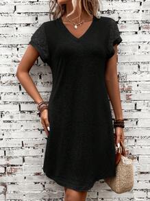 SHEIN LUNE Chất rắn Ren tương phản Váy áo thun - màu đen - Xem 3