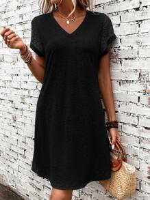 SHEIN LUNE Chất rắn Ren tương phản Váy áo thun - màu đen - Xem 6