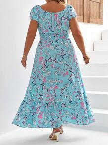 SHEIN VCAY Plus Floral Print Split Thigh Ruffle Hem Dress - Blue - View 2