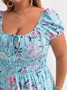 SHEIN VCAY Plus Floral Print Split Thigh Ruffle Hem Dress - Blue - View 3