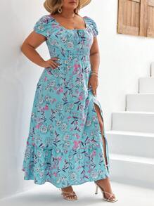 SHEIN VCAY Plus Floral Print Split Thigh Ruffle Hem Dress - Blue - View 4