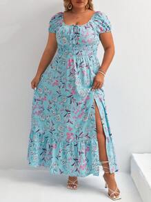 SHEIN VCAY Plus Floral Print Split Thigh Ruffle Hem Dress - Blue - View 7