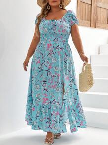 SHEIN VCAY Plus Floral Print Split Thigh Ruffle Hem Dress - Blue - View 8