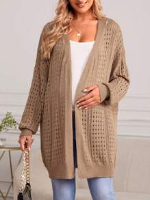 SHEIN 孕妇镂空针织落肩开衫（不含吊带上衣） - 卡其色 - 查看 1