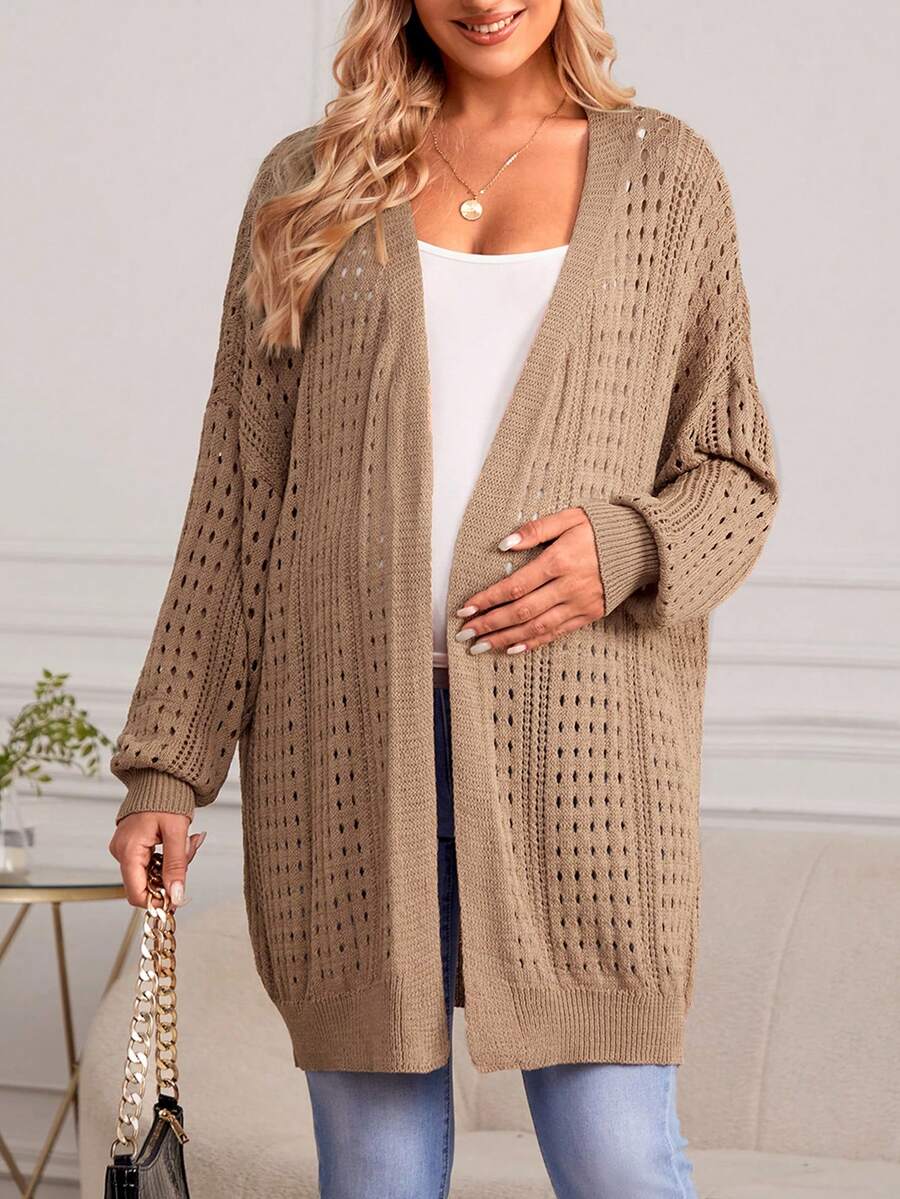 SHEIN 孕妇镂空针织落肩开衫（不含吊带上衣） - 卡其色 - 查看 1