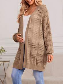 SHEIN 孕妇镂空针织落肩开衫（不含吊带上衣） - 卡其色 - 查看 3