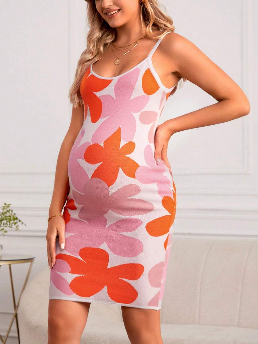 SHEIN 孕婦花卉圖案吊帶毛衣洋裝 - 彩色 - 查看 1