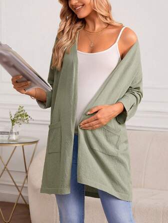 SHEIN Maternity Dual Pocket Drop Shoulder Open Front Cardigan Without Cami Top