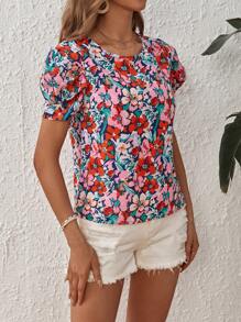 SHEIN VCAY Allover Floral Print Puff Sleeve Blouse - Multicolor - View 4