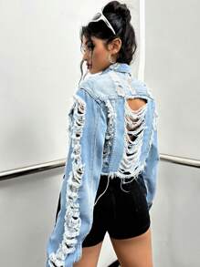 Cazadora mezclilla Rave con bolsillo con solapa desgarro bajo crudo - Azul - Ver 1