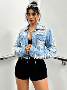 Cazadora mezclilla Rave con bolsillo con solapa desgarro bajo crudo - Azul - Ver 2