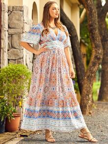 S BETRO Đầm Plus Size Viên lá sen Hoa Bộ lạc Boho - Nhiều màu - Xem 3
