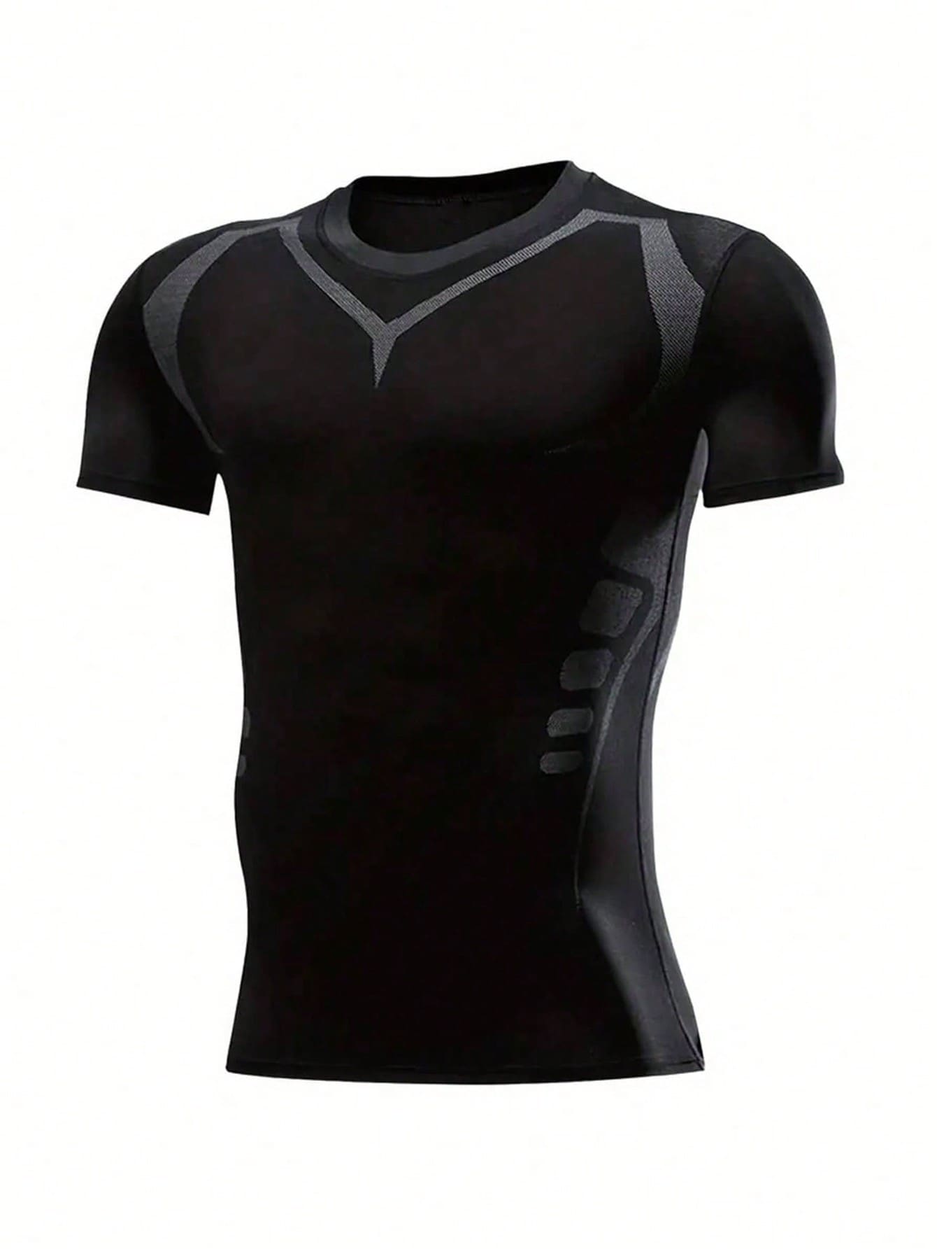 Manfinity Running 男士顏色積木運動T恤，男士壓縮短袖T恤 - 黑色 - 查看 1