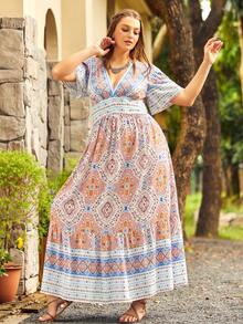S BETRO Đầm Plus Size Viên lá sen Hoa Bộ lạc Boho - Nhiều màu - Xem 4