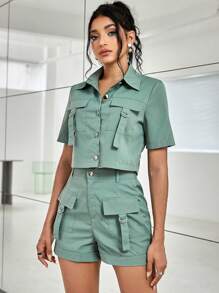 翻蓋口袋短款襯衫和短褲工裝套裝2入組 - 軍綠色 - 查看 2