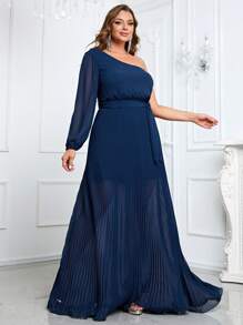 YISIKADO Talla grande Vestido con cinturón de un hombro bajo fruncido - Azul Marino - Ver 1