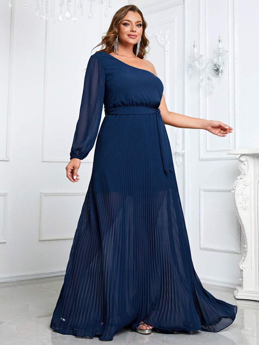 YISIKADO Talla grande Vestido con cinturón de un hombro bajo fruncido - Azul Marino - Ver 1