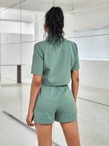 翻蓋口袋短款襯衫和短褲工裝套裝2入組 - 軍綠色 - 查看 3