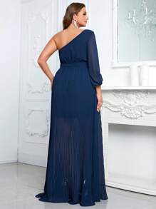 YISIKADO Talla grande Vestido con cinturón de un hombro bajo fruncido - Azul Marino - Ver 2