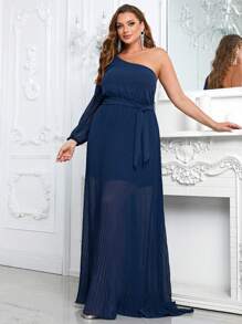 YISIKADO Talla grande Vestido con cinturón de un hombro bajo fruncido - Azul Marino - Ver 3