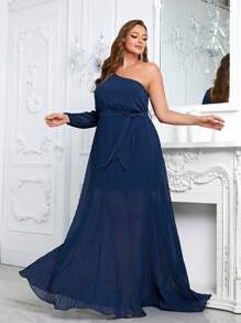 YISIKADO Talla grande Vestido con cinturón de un hombro bajo fruncido - Azul Marino - Ver 4